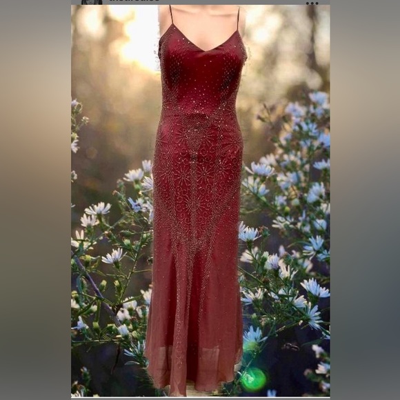 American Vintage Dresses & Skirts - Goth Burgundy & Brown Beaded Overlay Prom Dress